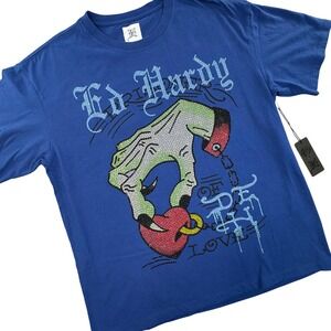 Ed Hardy Mens Blue Death of Love Rhinestone Zombie Hand Graphic T-Shirt L NEW